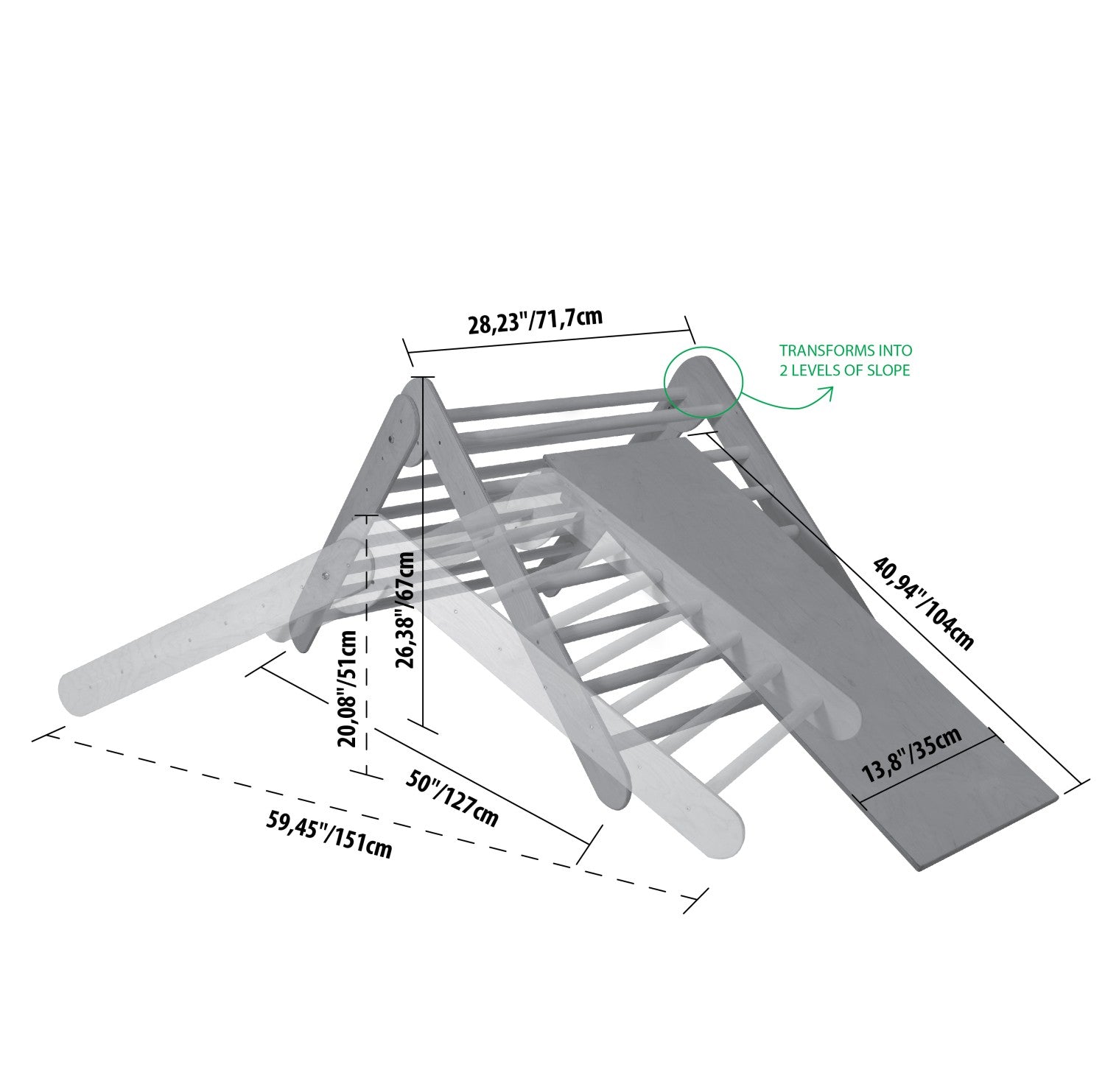 Dimension diagram showing climbing triangle measurements and two-level slope design
