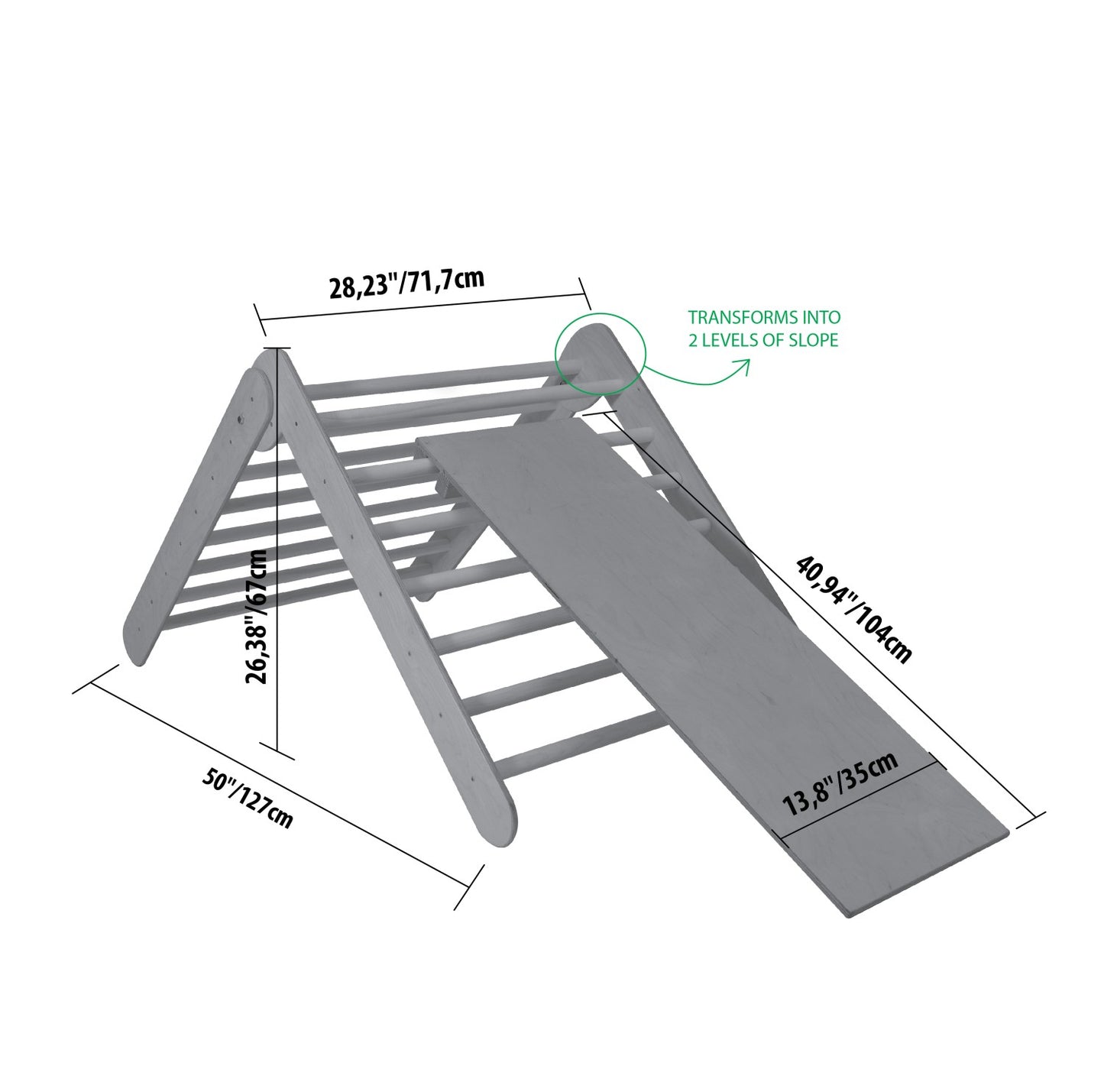 Technical diagram of climbing triangle with adjustable ramp slope specifications