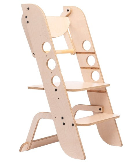 Luula Louis learning tower side angle view showing adjustable pegs and wooden framework