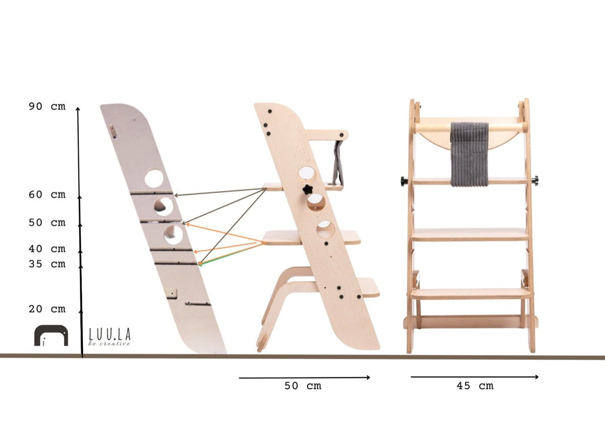 Dimension guide for Louis learning tower displaying height measurements and assembly options