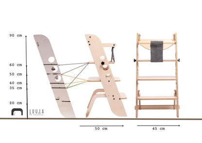 Dimension guide for Louis learning tower displaying height measurements and assembly options