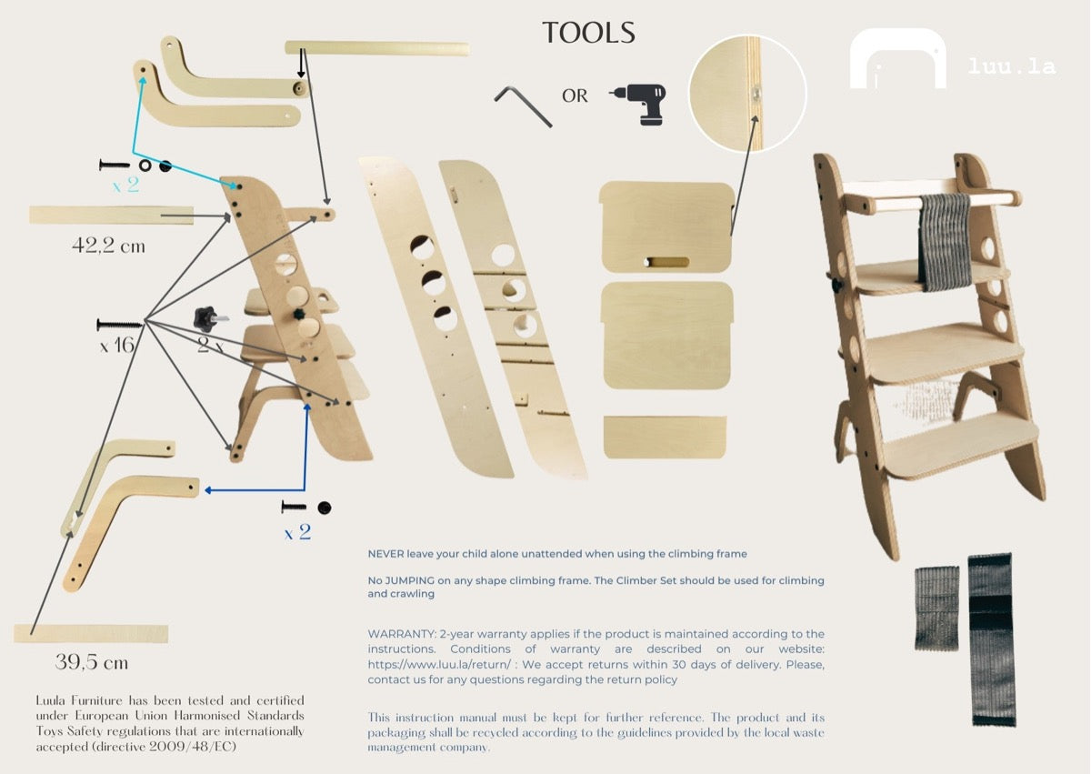 Assembly instructions diagram showing Louis learning tower components and tools needed