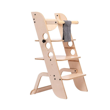 Louis learning tower with fabric sling attachment in natural birch wood finish