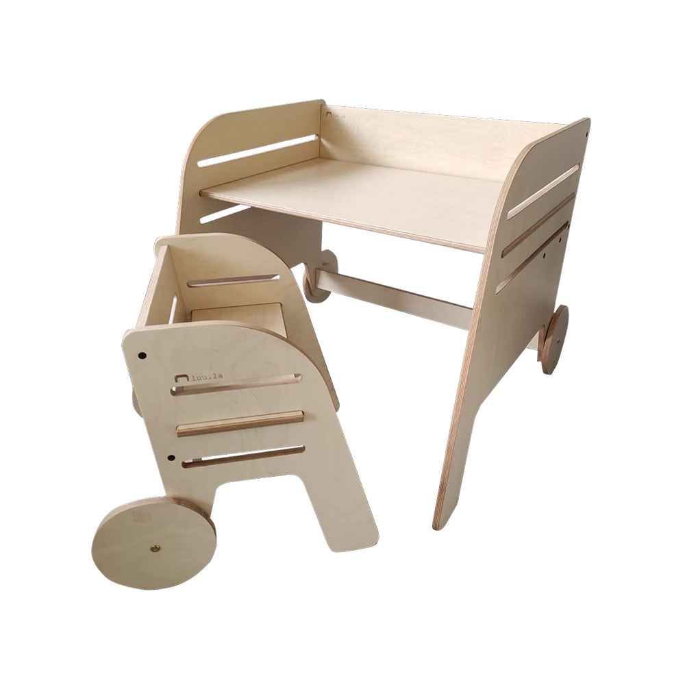 Luula Julle Montessori table and chair set with wheel base in natural wood finish