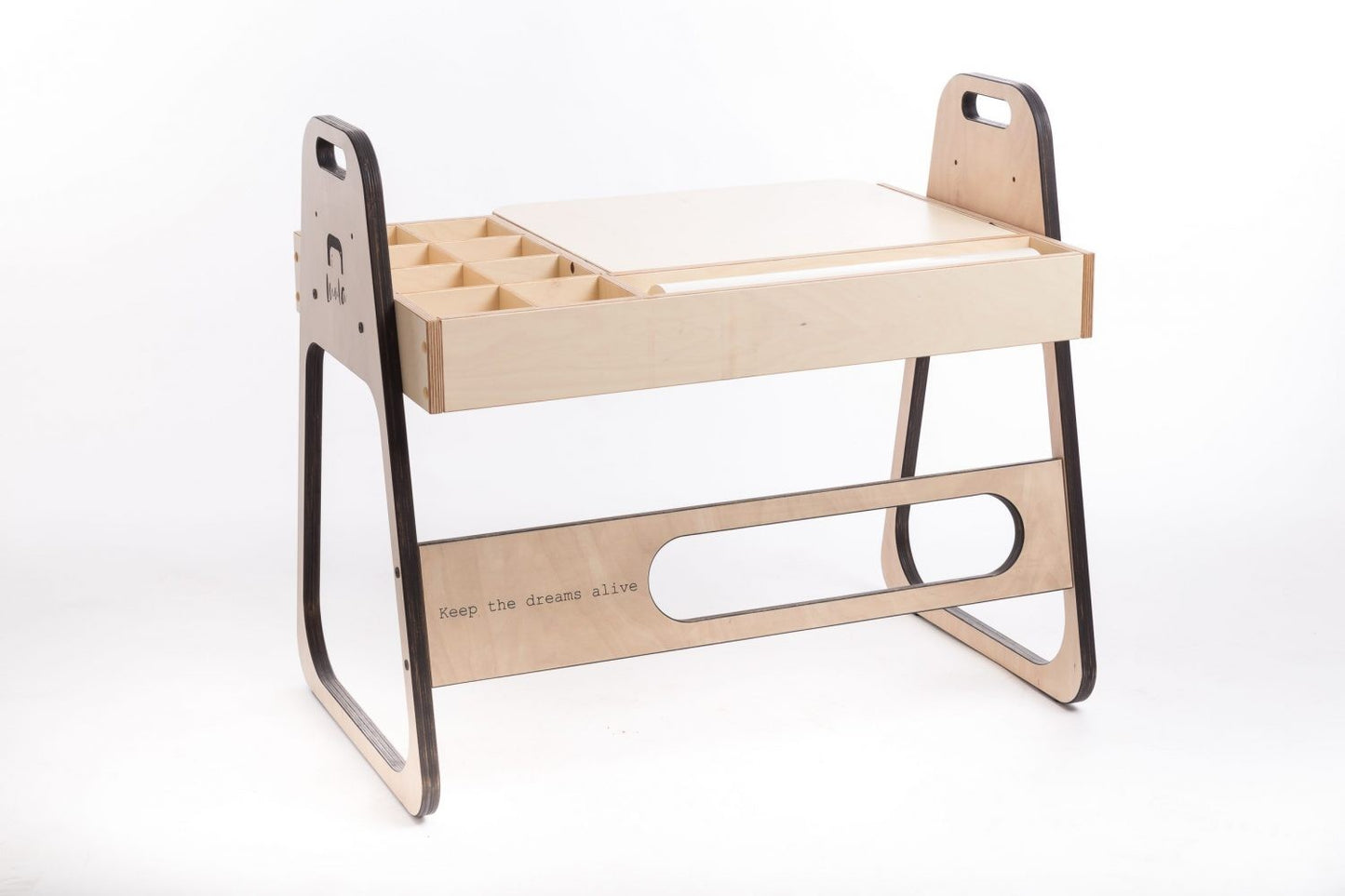 Three-quarter view of Luula Julle multisensory table with adjustable components