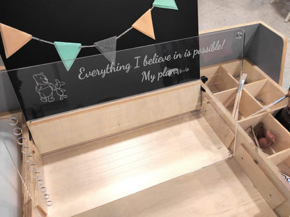 Luula table chalkboard top with storage compartments and decorative bunting banner