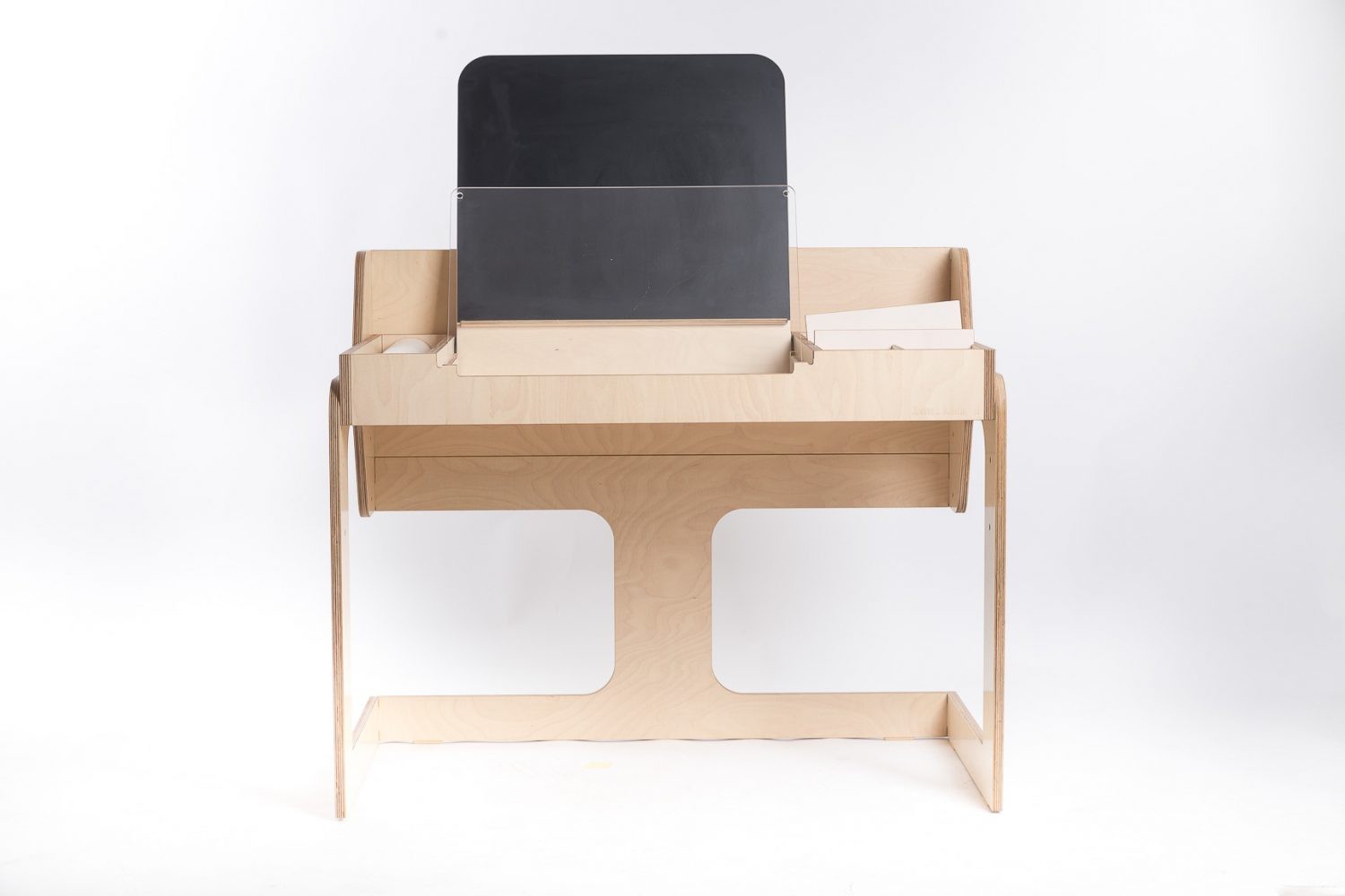 Front view of Luula art desk with adjustable black easel and open storage bins