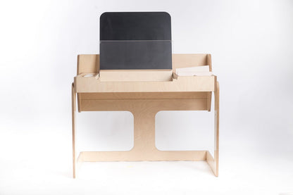 Front view of Luula art desk with adjustable black easel and open storage bins