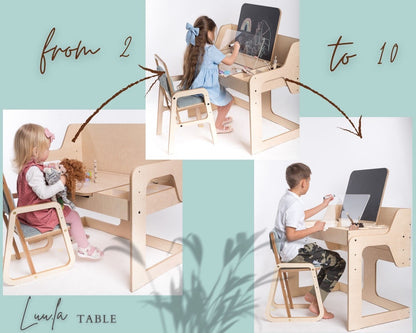 Luula table grows with children from age 2 to 10, showing multiple kids using desk