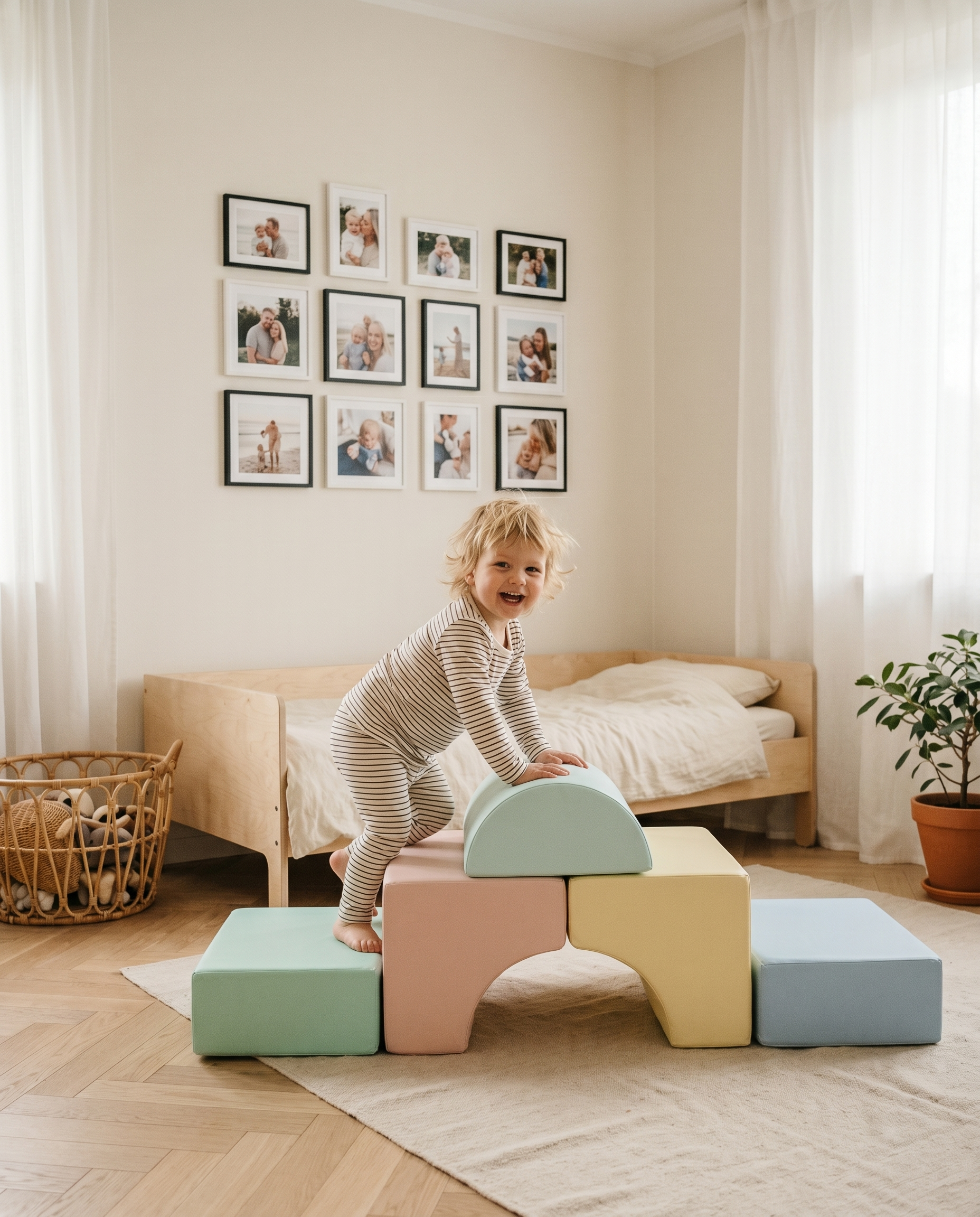 Toddler playing on IGLU soft play in a Scandinavian nursery with Nestling growing bed and photo-tile gallery wall (mobile)