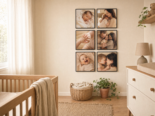 Gallery wall of black-framed personalised photo tiles in a calm Scandinavian nursery