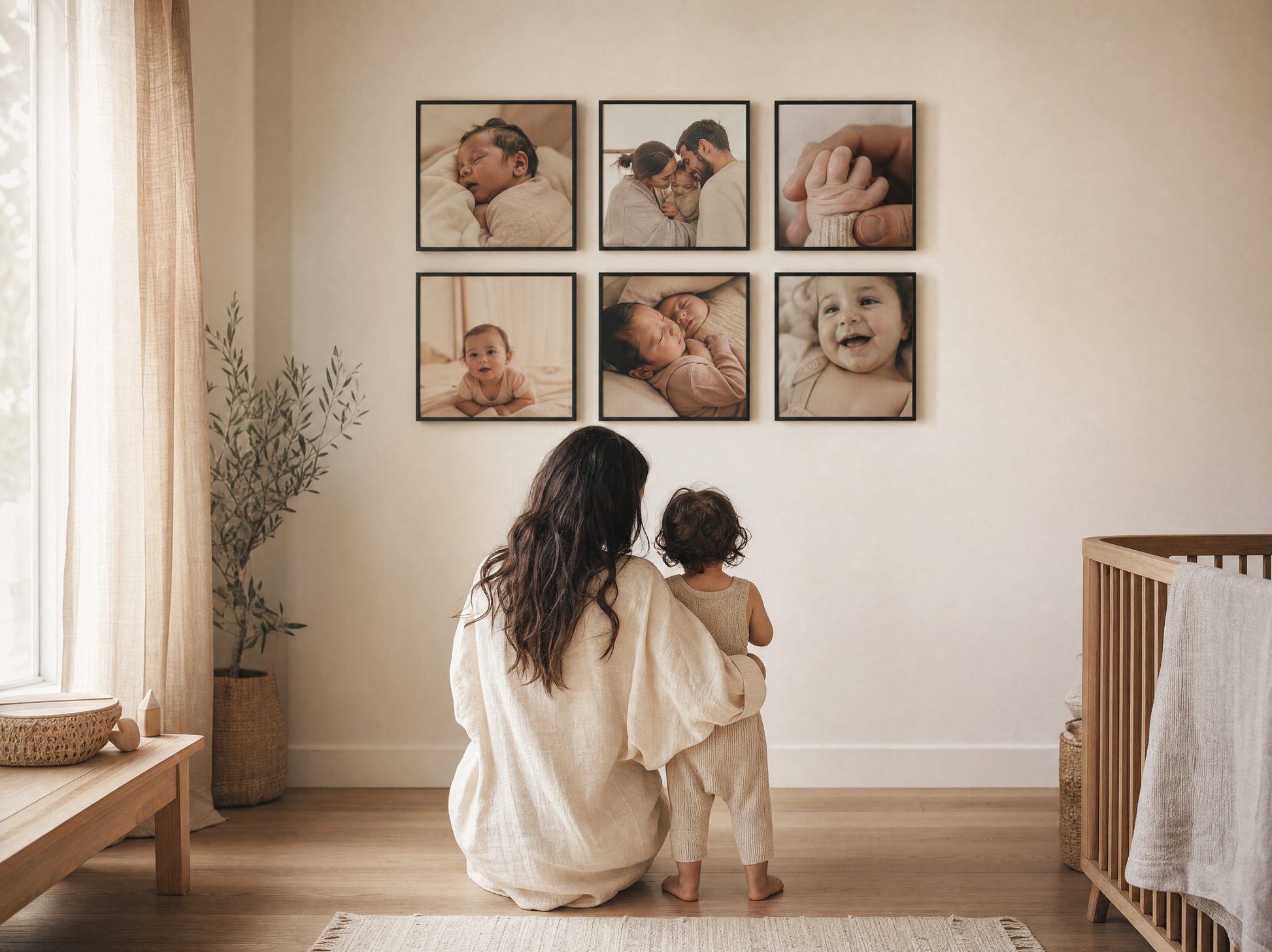 Mother and toddler looking at a wall of personalised family photo tiles