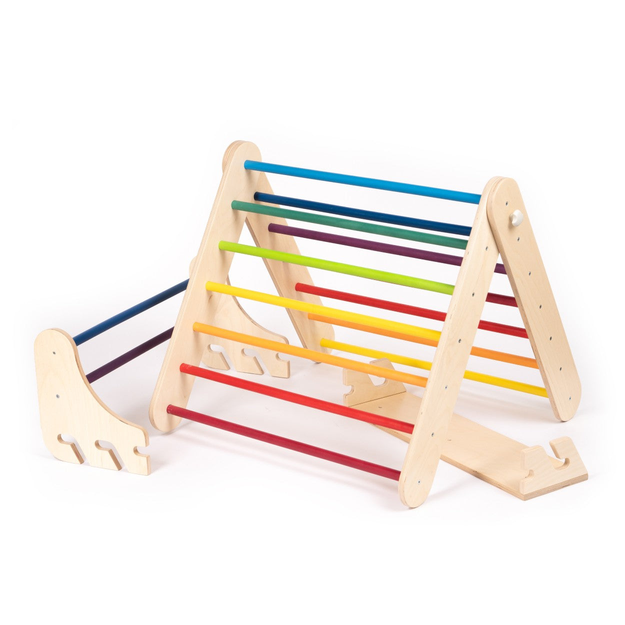 Leg&go Pikler triangle climber with rainbow bars and wooden frame on white background