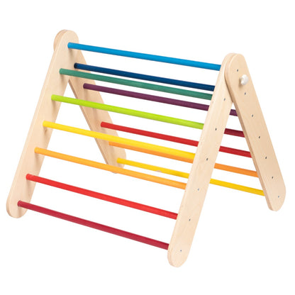 Wooden climbing triangle with rainbow rungs shown at angle on neutral background
