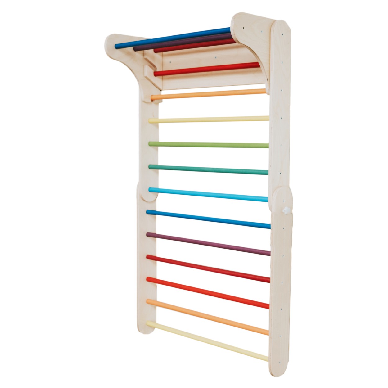 Wall-mounted Swedish climbing ladder with rainbow colored bars and birch frame