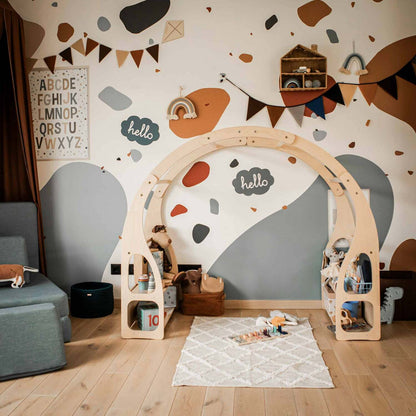 Arched birch plywood play stand with open shelving displayed in bright playroom setting