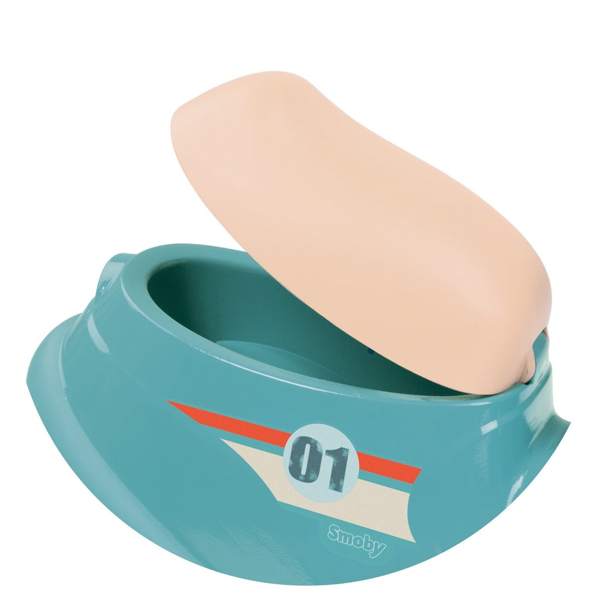 Open underseat storage compartment on blue retro scooter showing cream-colored storage space