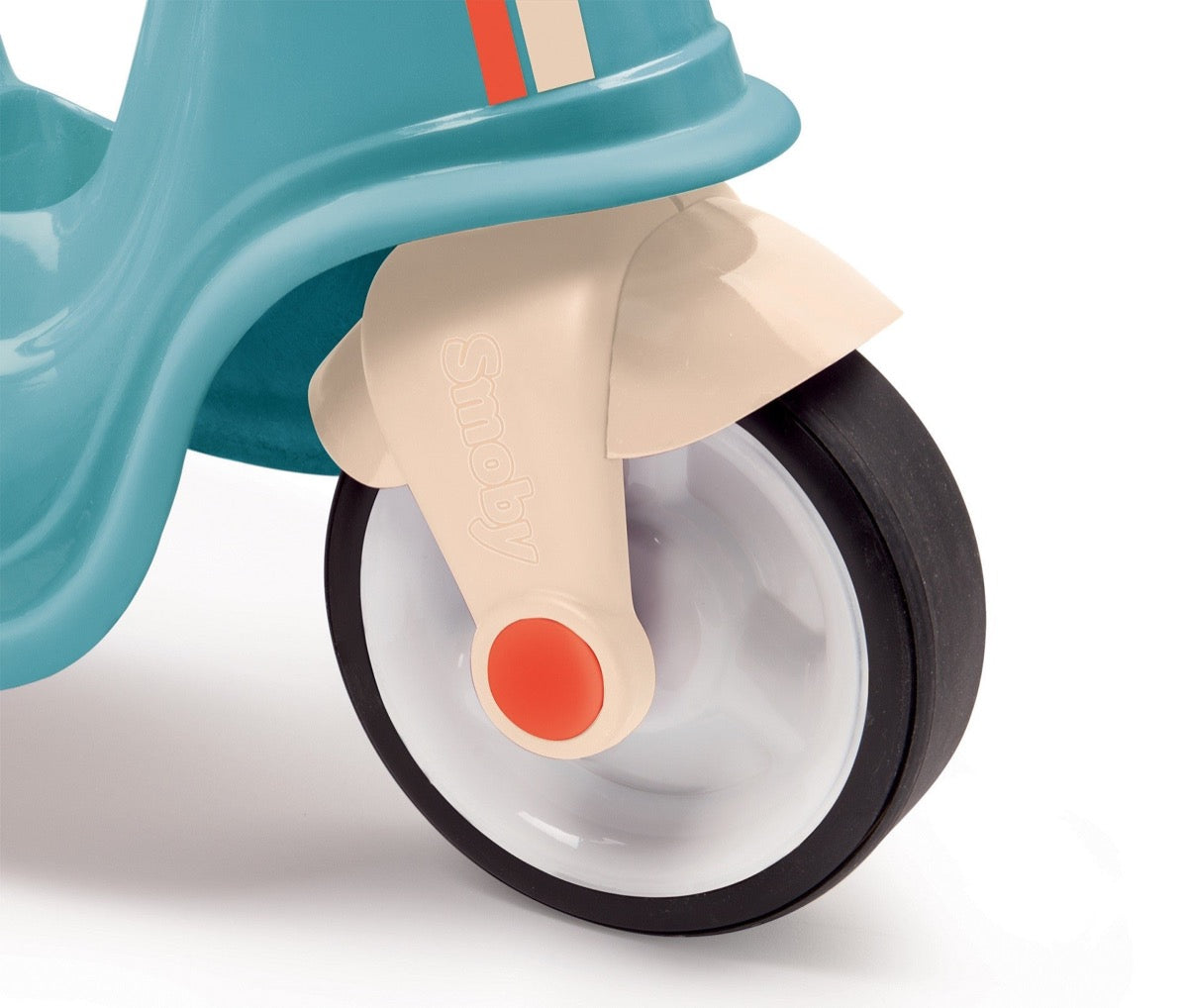 Close-up of white wheel with black tire and red hub detail on blue kids scooter