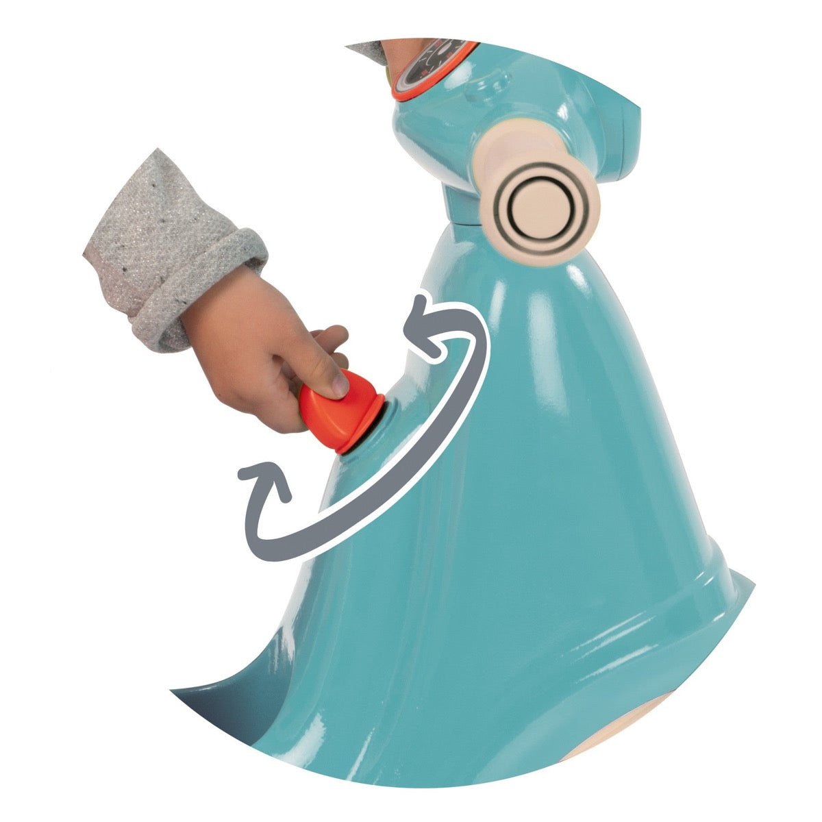 Child's hand gripping red handlebar control on blue retro ride-on scooter