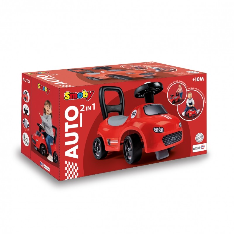 Red Smoby 2-in-1 auto ride-on car packaging box showing product details