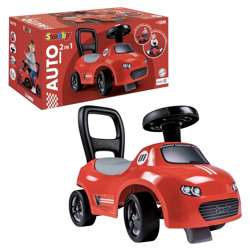 Smoby ride-on car with box packaging displayed together, side view