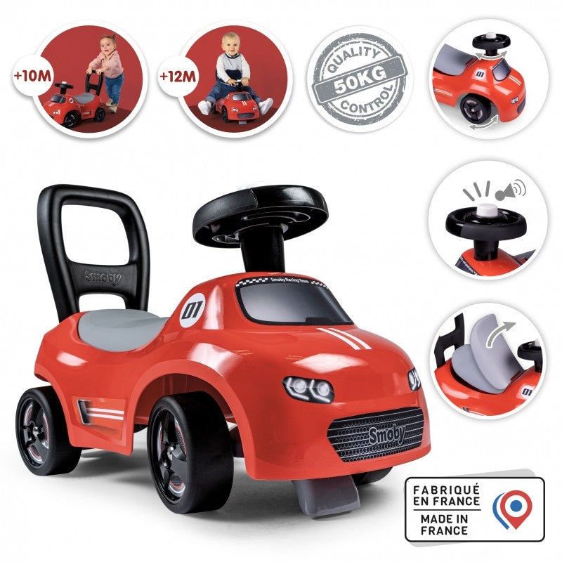 Product features and specifications including age range, weight capacity, and horn detail