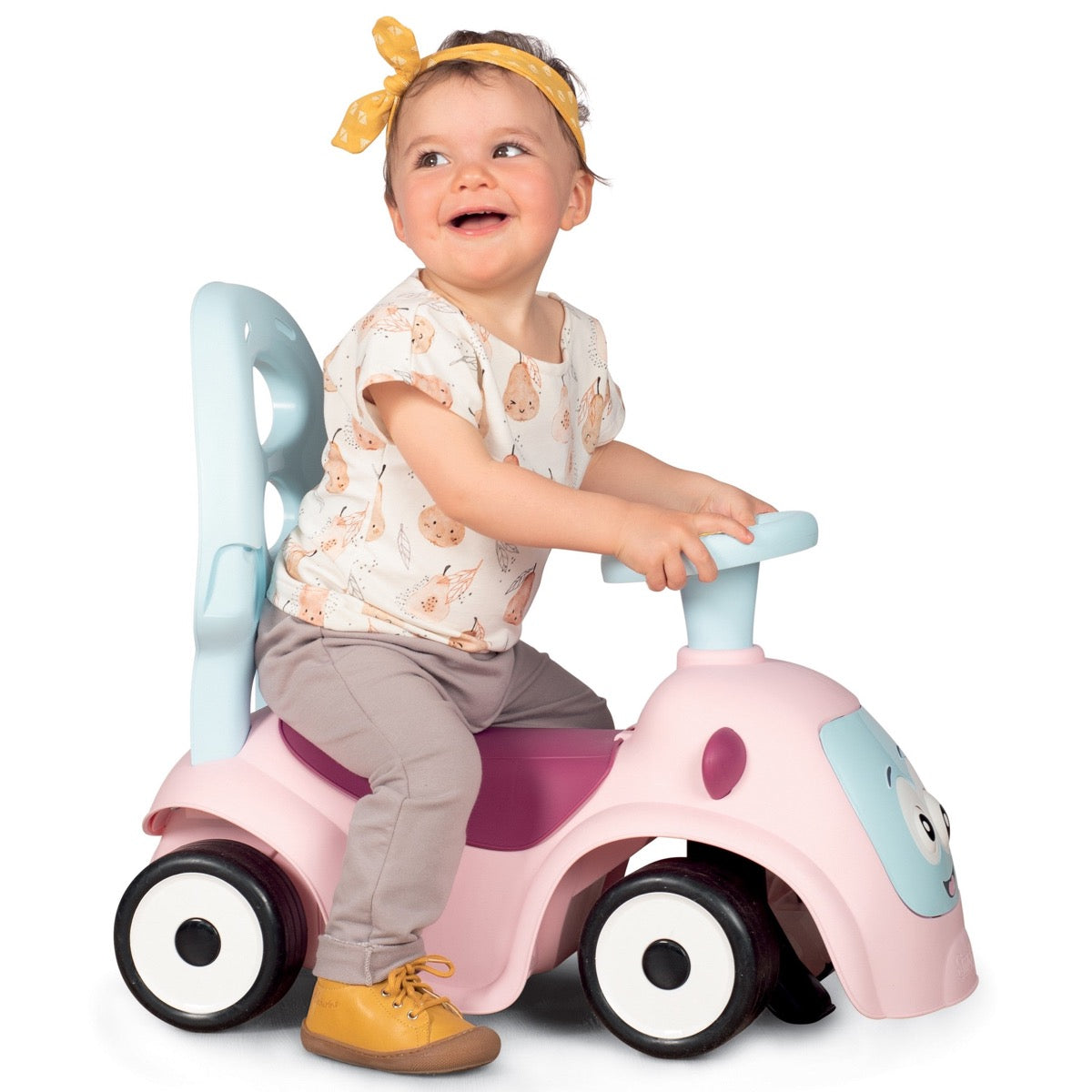 Toddler riding pink Maestro 3in1 with removable backrest and parental push handle