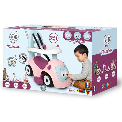 Smoby Maestro 3in1 pink ride-on toy in retail packaging showing 3-in-1 features