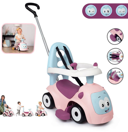Smoby Maestro 3in1 pink ride-on with push handle, canopy, and interactive steering wheel