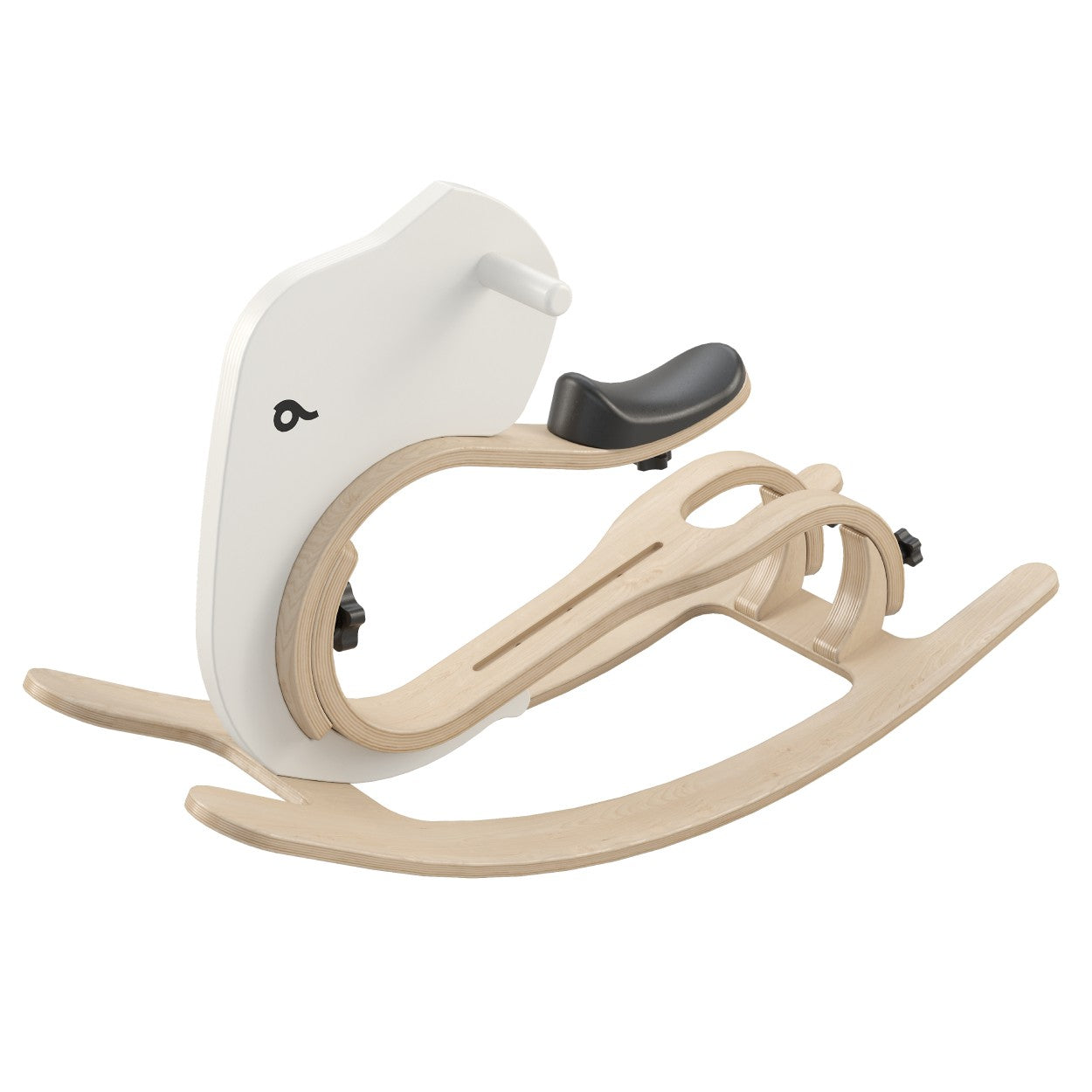 Rocking elephant add-on with black seat attachment and natural wood rockers side view