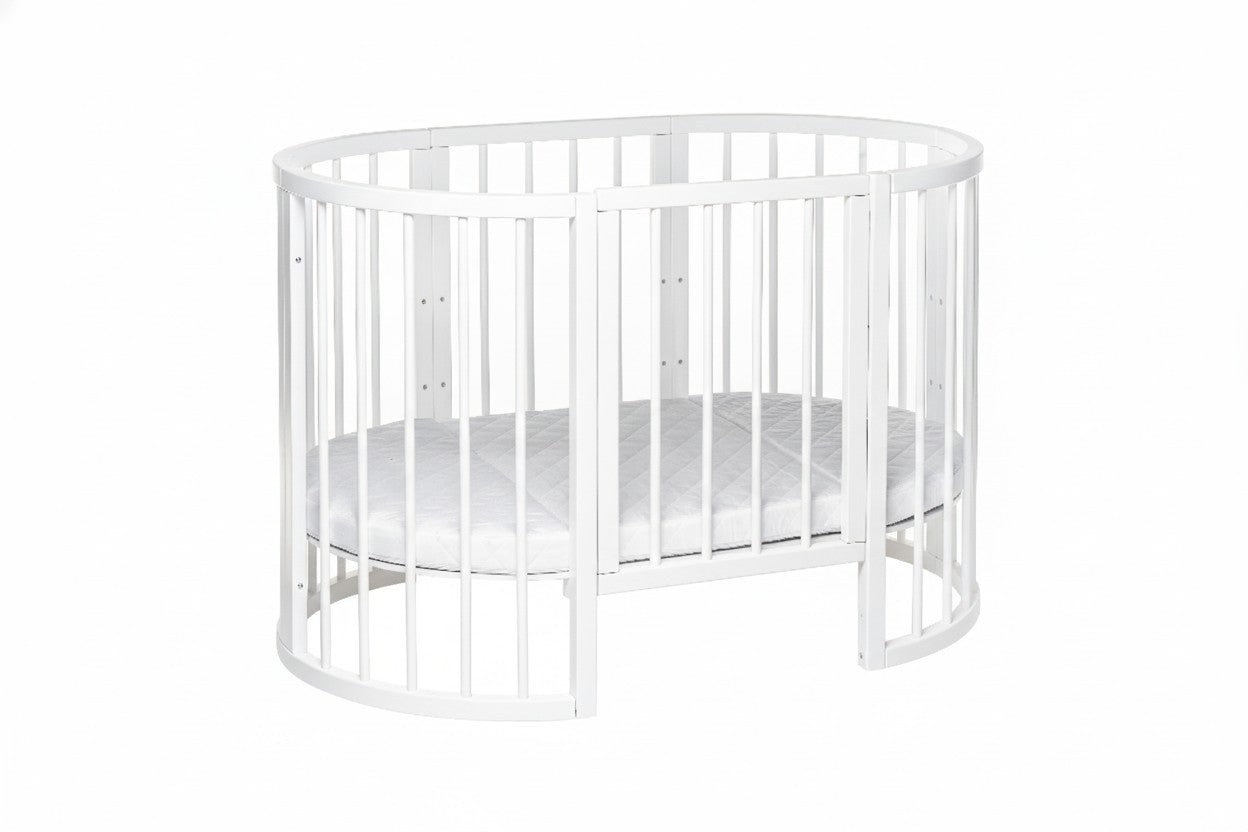 White round baby crib OLIN with removable side and mattress base