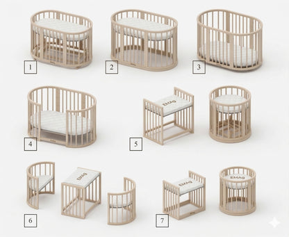 OLIN crib configurations guide showing mattress base heights and conversion options