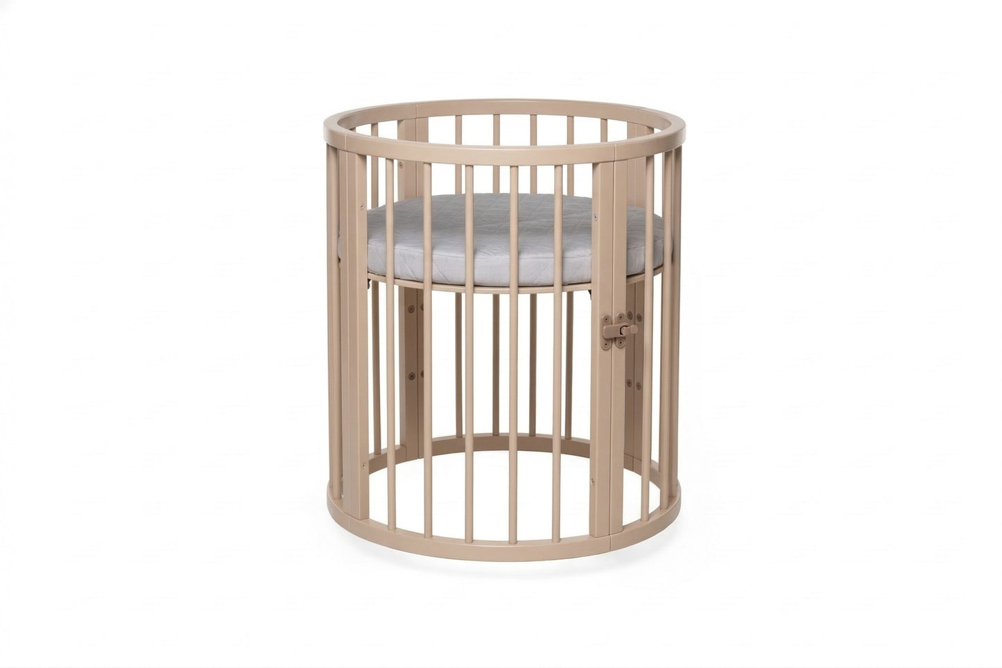 Compact circular OLIN crib with locking wheels and fully removable side panel