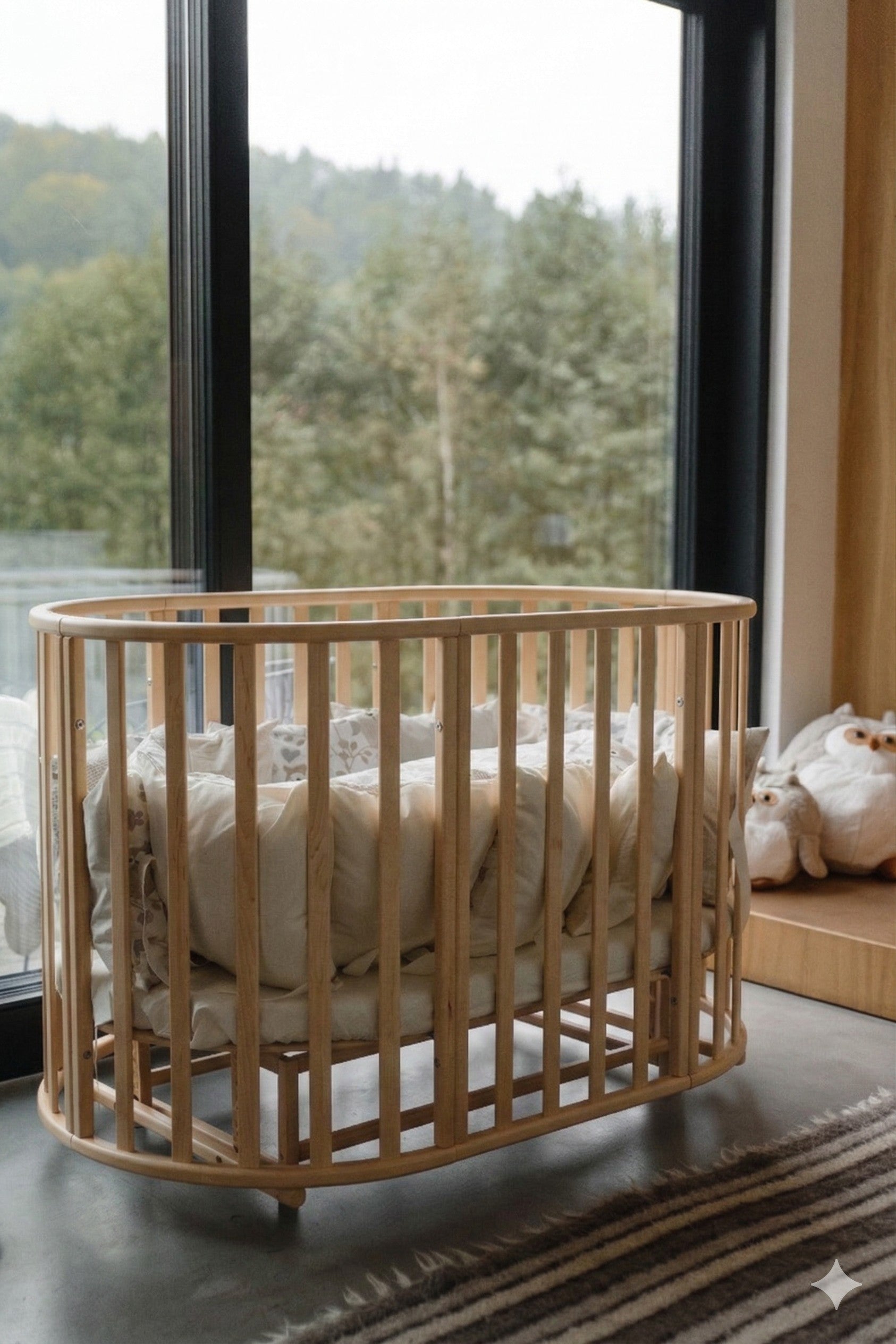 Natural wood round baby crib with mattress positioned by large window