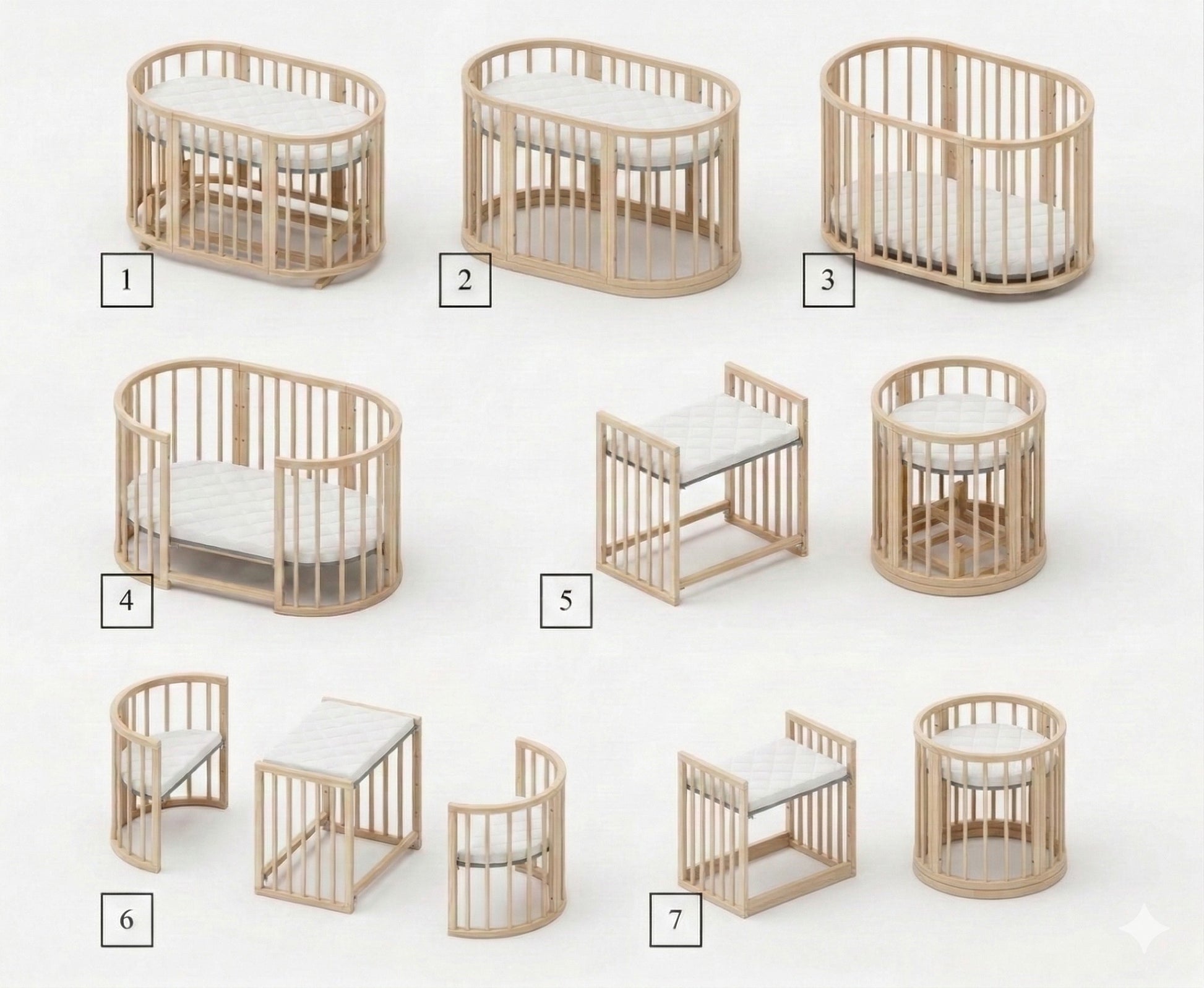 Configuration guide showing seven different setups for oval crib expansions