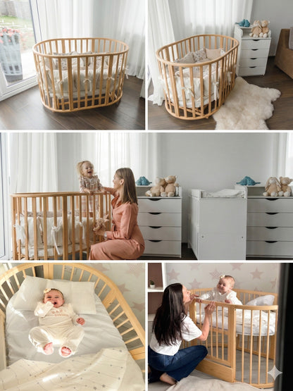 Two views of round crib in bedroom and parent interacting with child inside