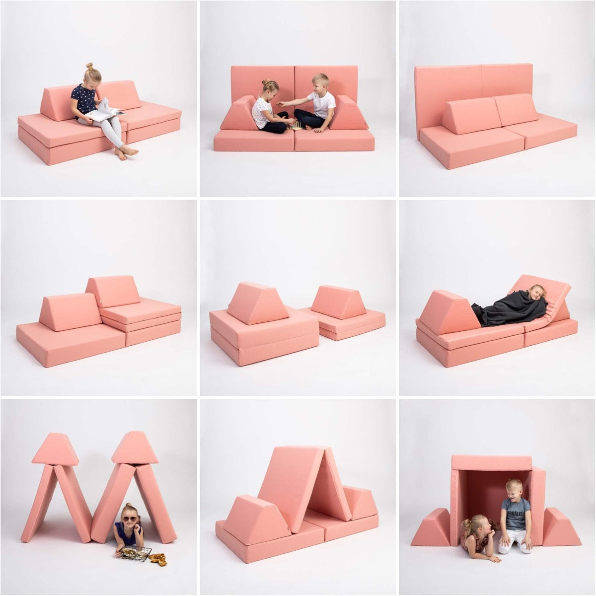 Nine configurations of salmon pink foam play mattress set including sofa, tent, playhouse and gym