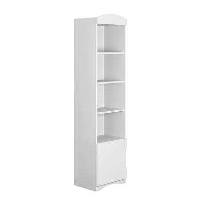 White Classic single bookshelf with four open compartments and closed storage cabinet