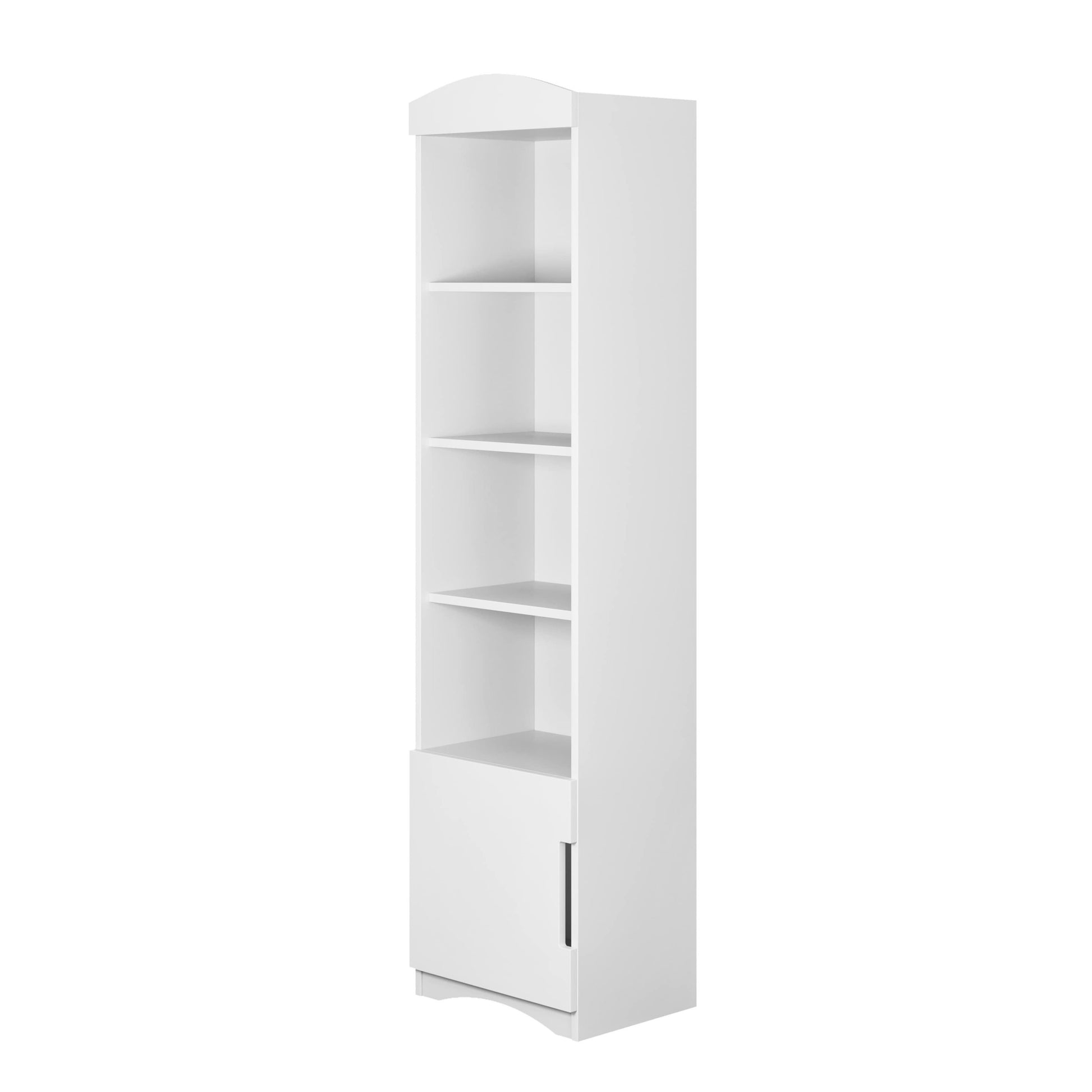 Front view of white kids bookshelf showing four open shelves above lower closed cabinet