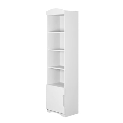 Front view of white kids bookshelf showing four open shelves above lower closed cabinet