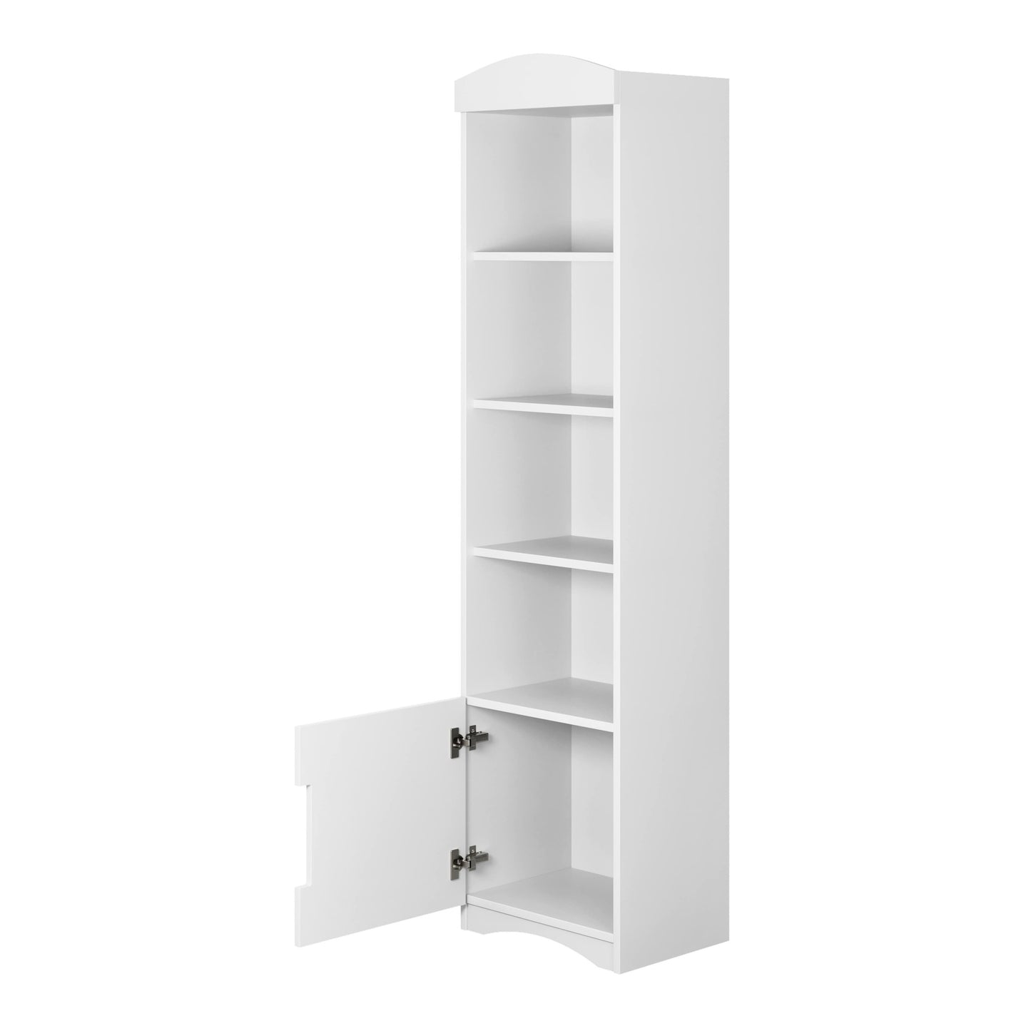 White Classic bookshelf with lower cabinet door open, displaying interior storage space