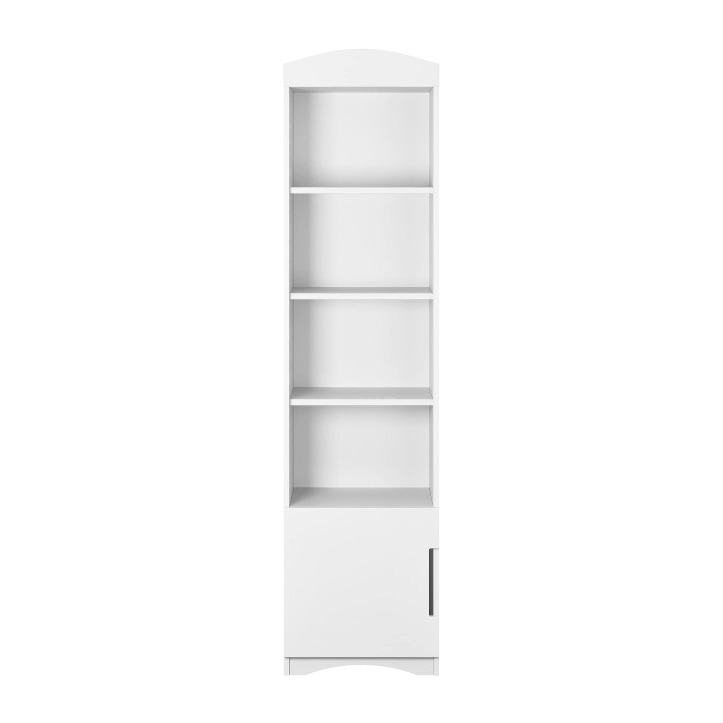 Tall white bookshelf with four open shelves and bottom storage cabinet for kids room