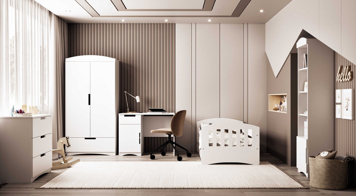 White Classic bookshelf in modern kids bedroom with matching nursery furniture pieces