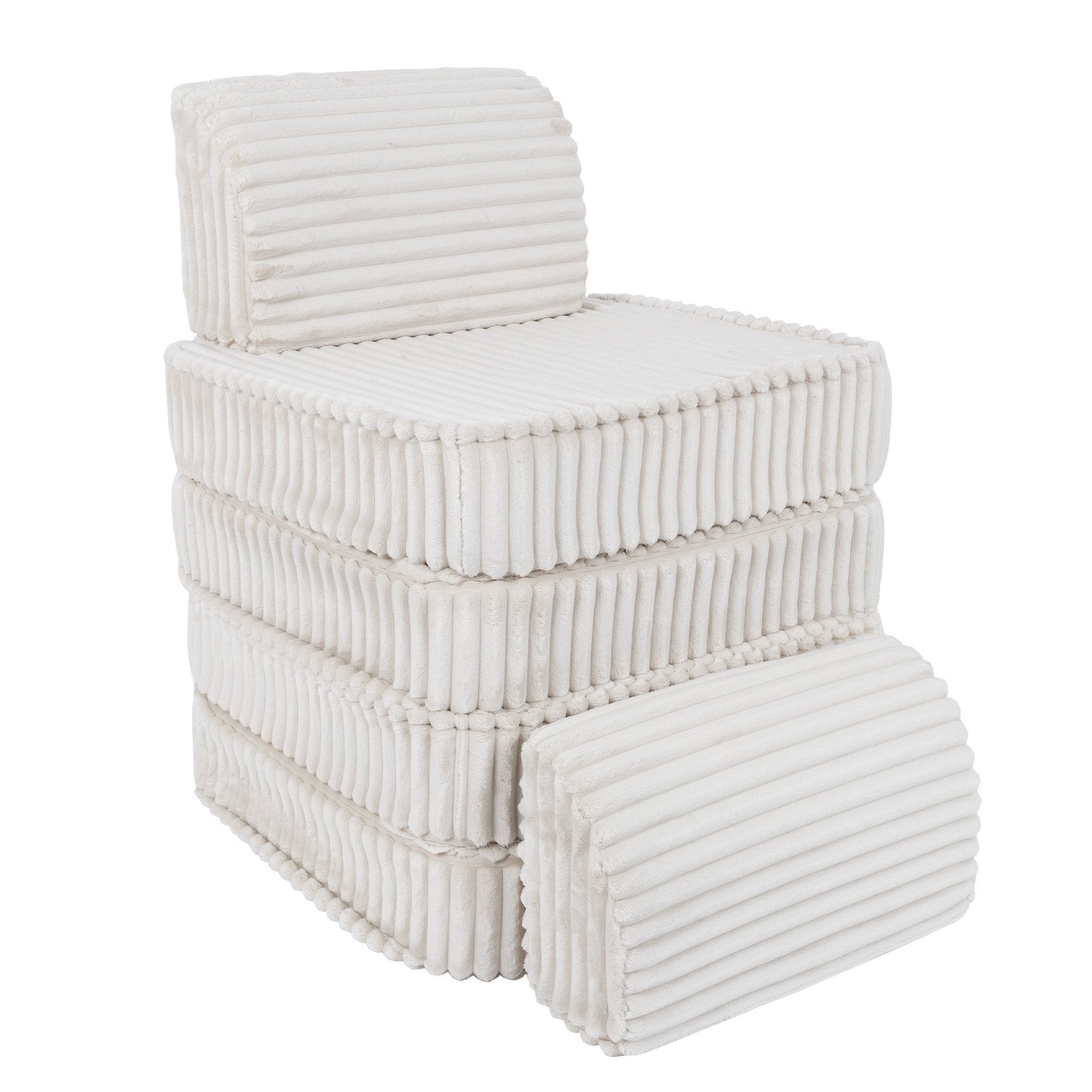 Disassembled white modular sofa pieces stacked showing individual cushion modules and back support