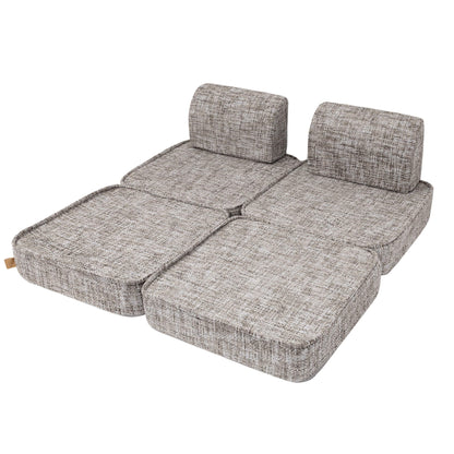 Moon grey modular kids sofa with removable cushions shown in extended flat configuration