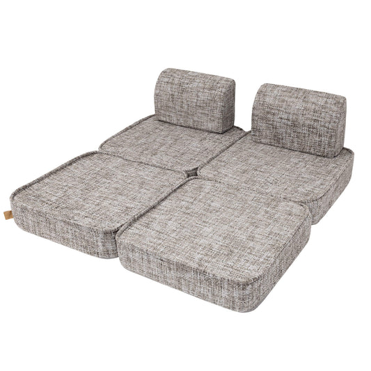 Moon grey modular kids sofa with removable cushions shown in extended flat configuration