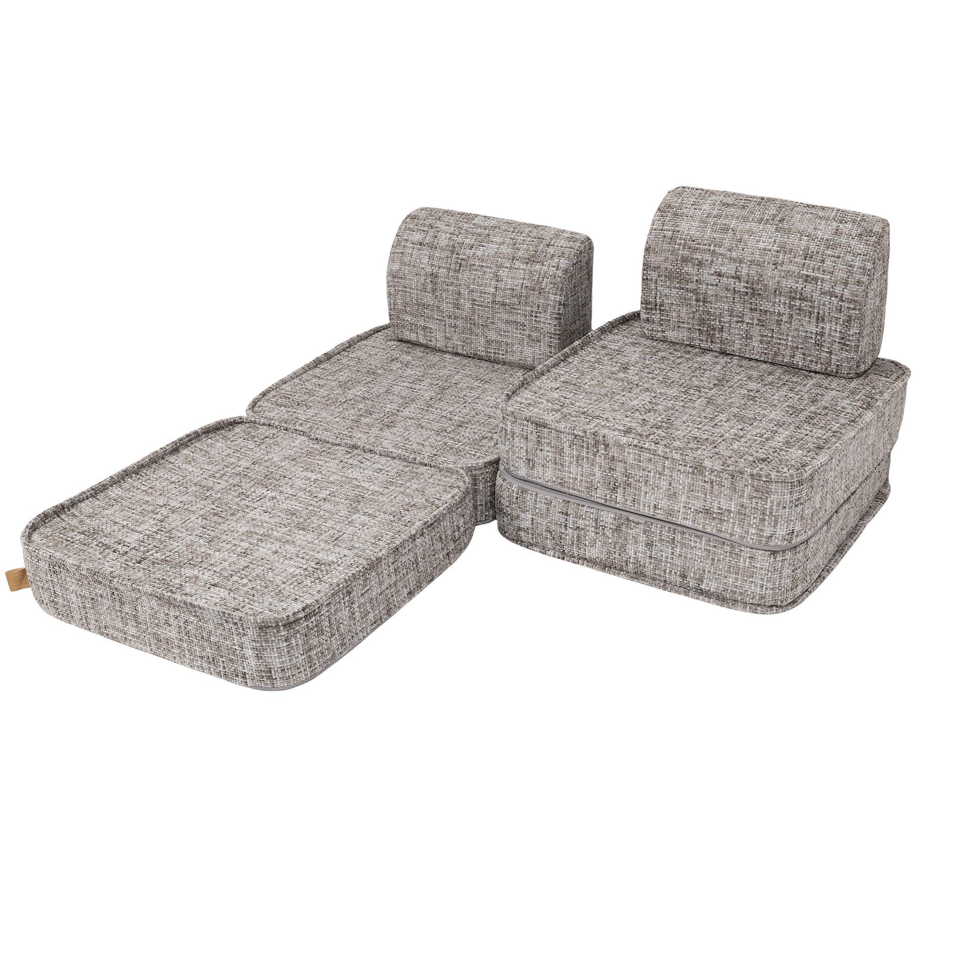 Small modular sofa for kids arranged in seated position with two back cushions attached