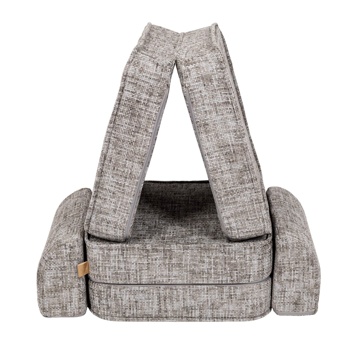 Moon grey modular sofa formed into tent or fort shape with cushions as supports and base