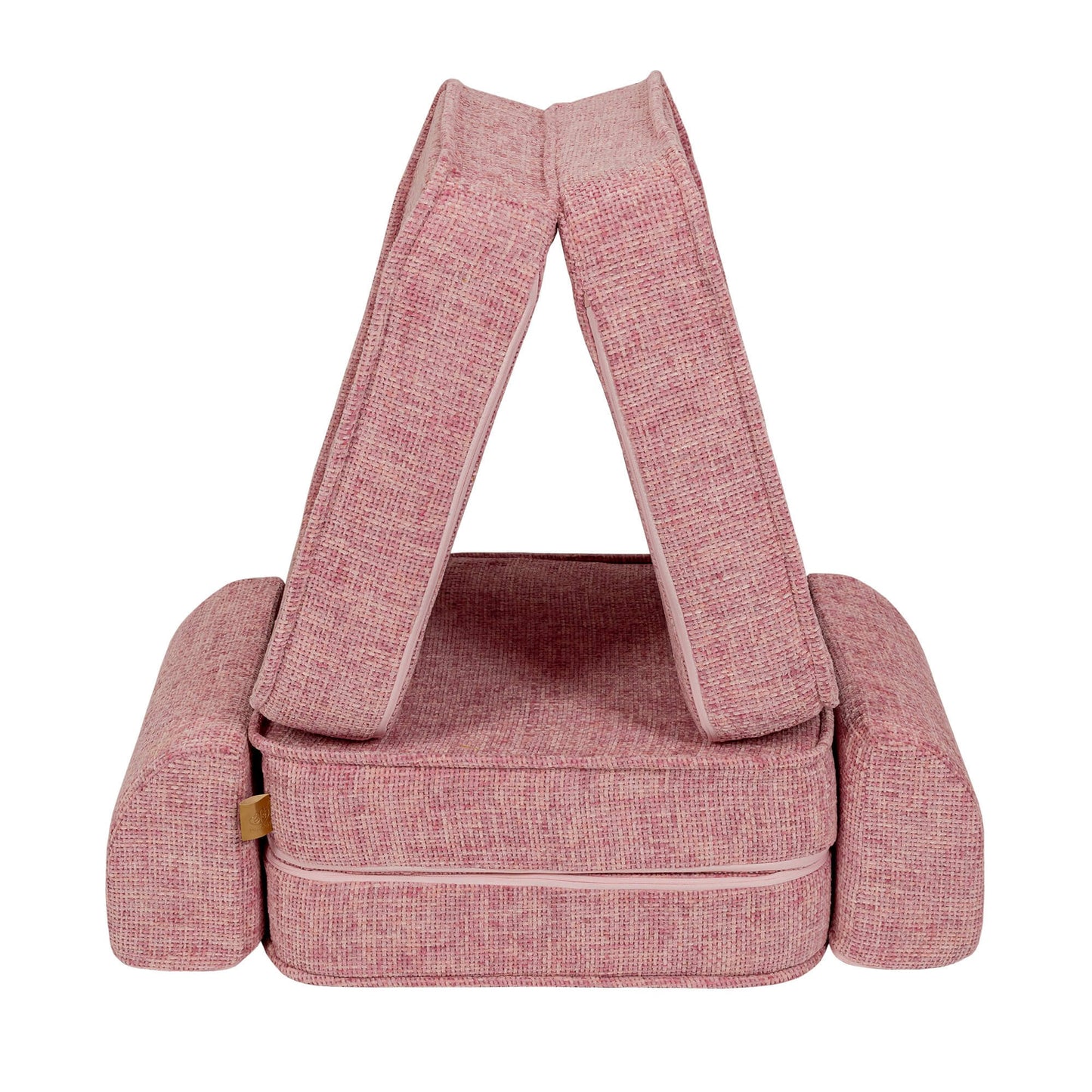 Bubblegum pink modular sofa with handle carrier straps for easy transport and storage