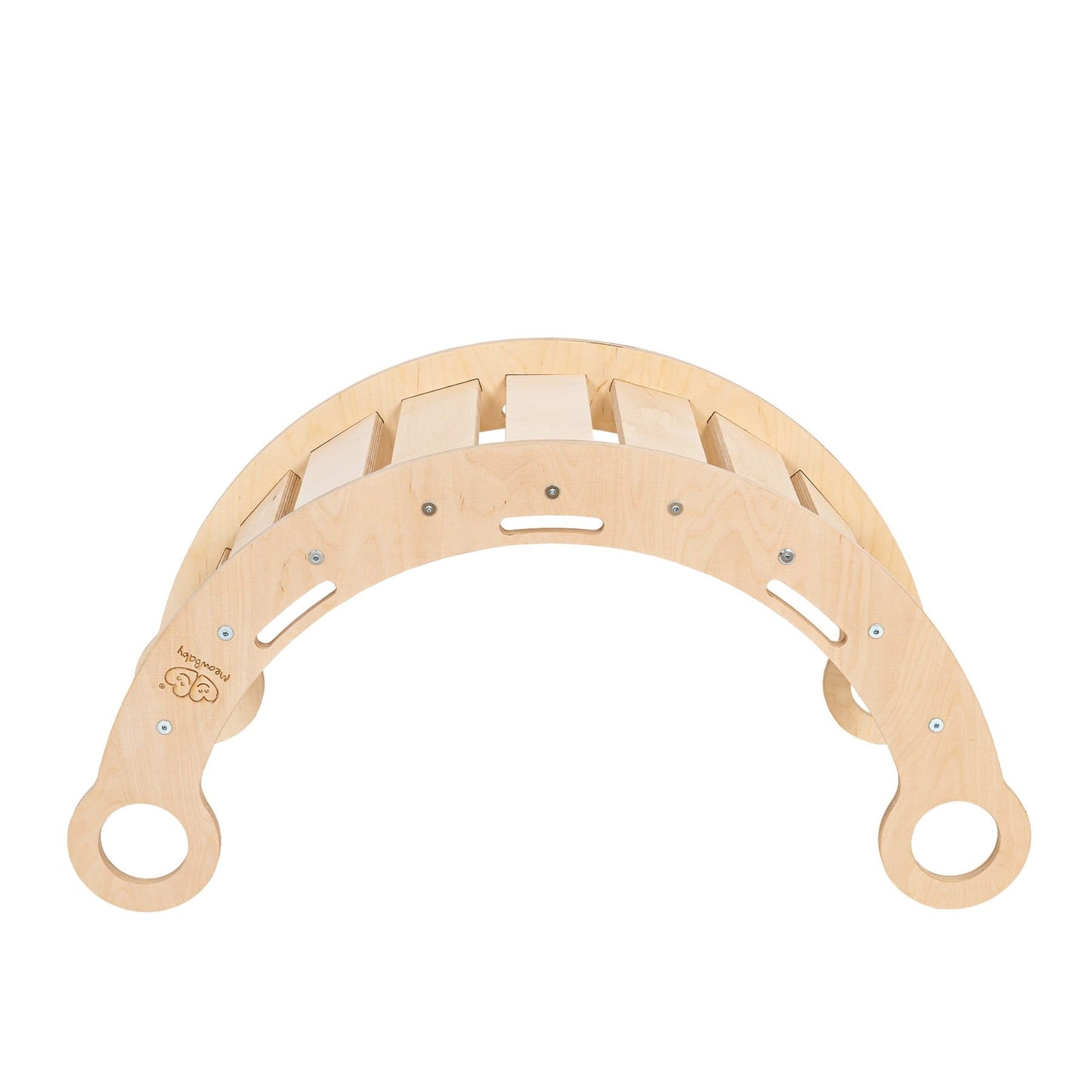 Snug Rocker for Kids Natural and Pink Pillow – underside curved rocker base birch wood detail | Nestling
